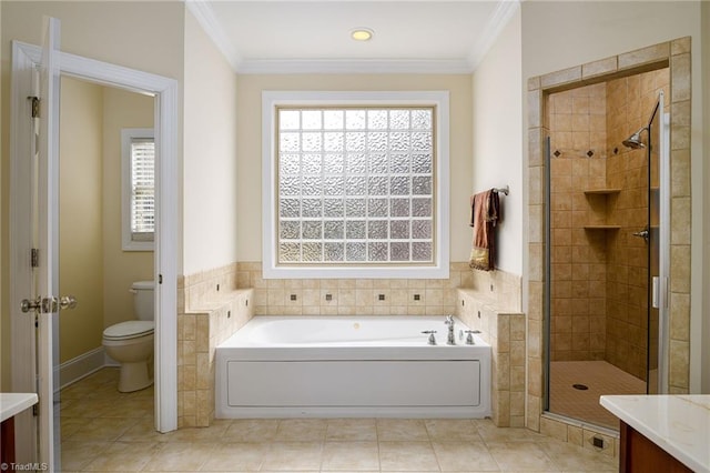 full bathroom with vanity, separate shower and tub, and crown molding