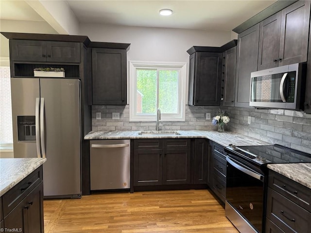 kitchen with stainless steel appliances, a sink, backsplash, light stone counters, and light wood-type flooring
