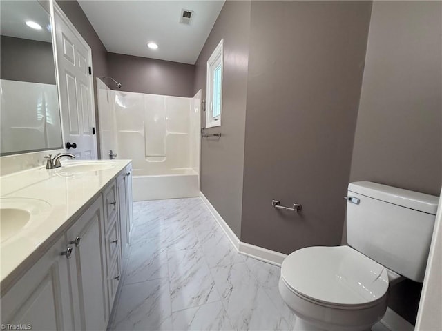 full bath with marble look tiles, toilet, baseboards, shower / bathtub combination, and recessed lighting