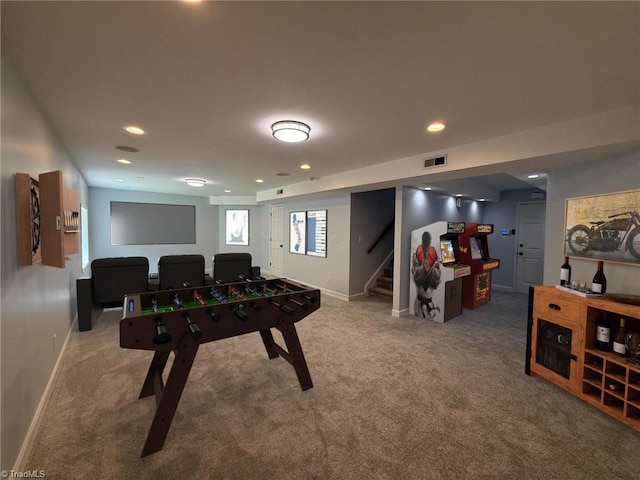 recreation room featuring carpet, recessed lighting, and baseboards