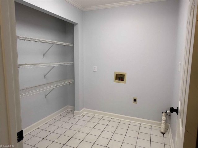 laundry room with hookup for a washing machine, hookup for an electric dryer, crown molding, light tile patterned floors, and baseboards