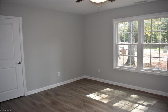 empty room with a wealth of natural light, ceiling fan, and dark hardwood / wood-style floors