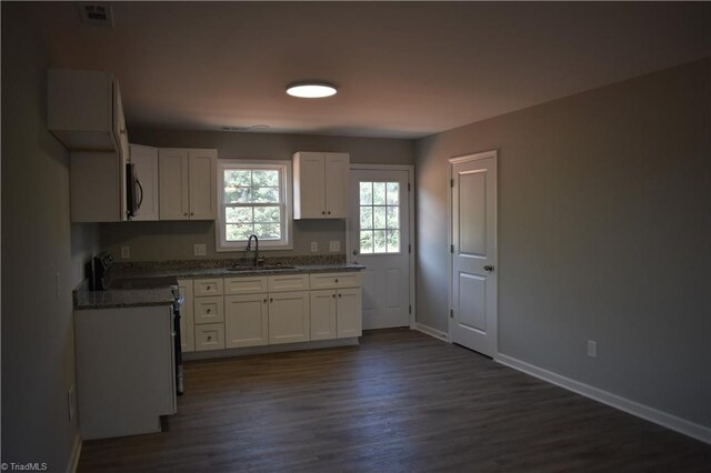 kitchen with dark hardwood / wood-style flooring, stainless steel appliances, sink, and white cabinets