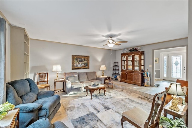 living room featuring ceiling fan