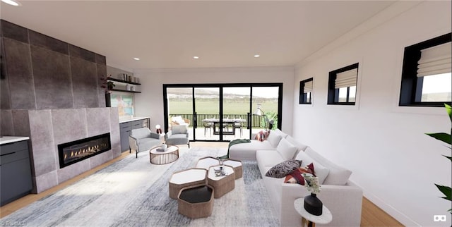 living room with a fireplace and light wood-type flooring