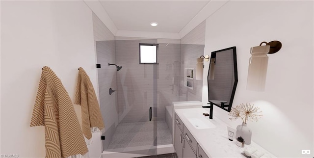 bathroom with an enclosed shower and vanity