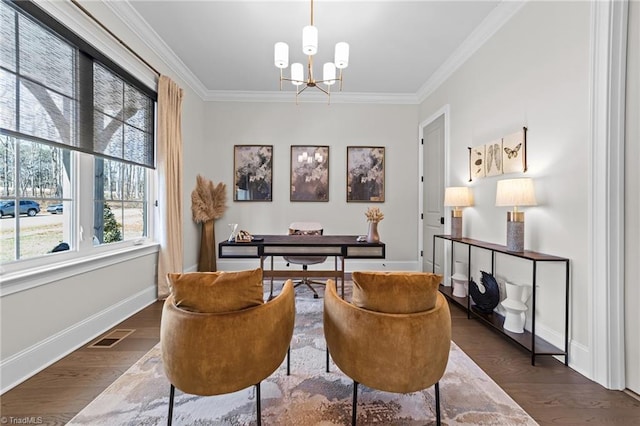 living area with dark wood finished floors, crown molding, visible vents, a chandelier, and baseboards