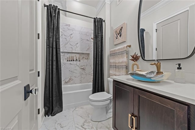 full bath with shower / tub combo, toilet, marble finish floor, crown molding, and vanity