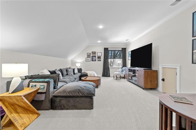 carpeted living room with lofted ceiling, visible vents, and crown molding