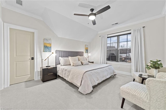 carpeted bedroom with lofted ceiling, visible vents, and crown molding