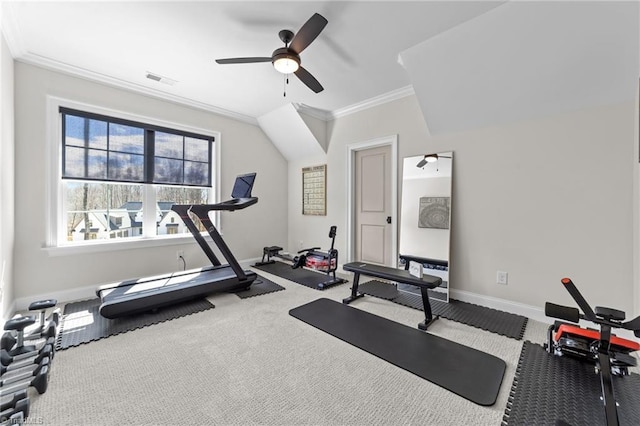 exercise room with visible vents, baseboards, a ceiling fan, carpet, and crown molding