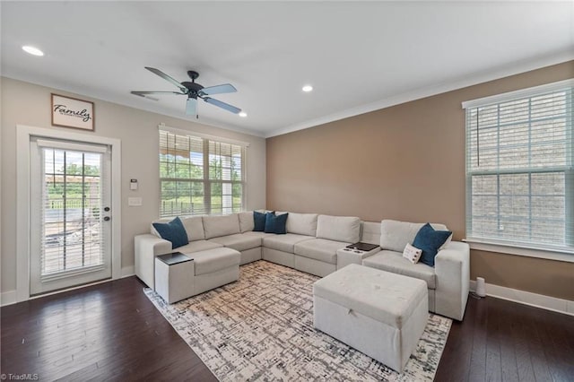 1423 Blooming Mountain Way, Kernersville, NC 27284 - living room featuring crown molding, ceiling fan, wood-type flooring, recessed lighting, and baseboards