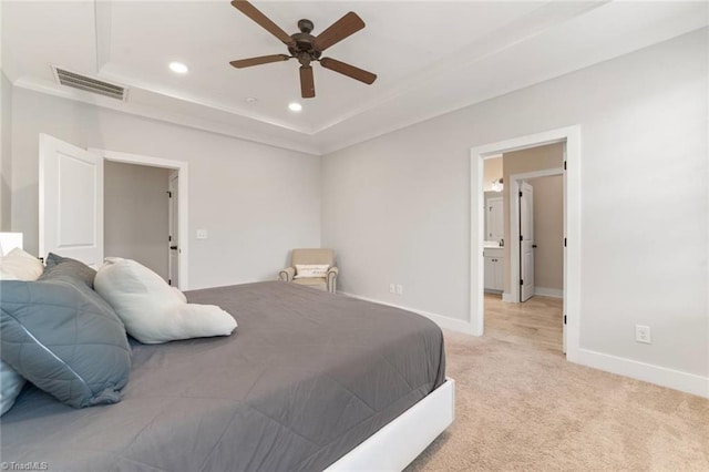1423 Blooming Mountain Way, Kernersville, NC 27284 - bedroom featuring visible vents, light carpet, baseboards, recessed lighting, and a tray ceiling