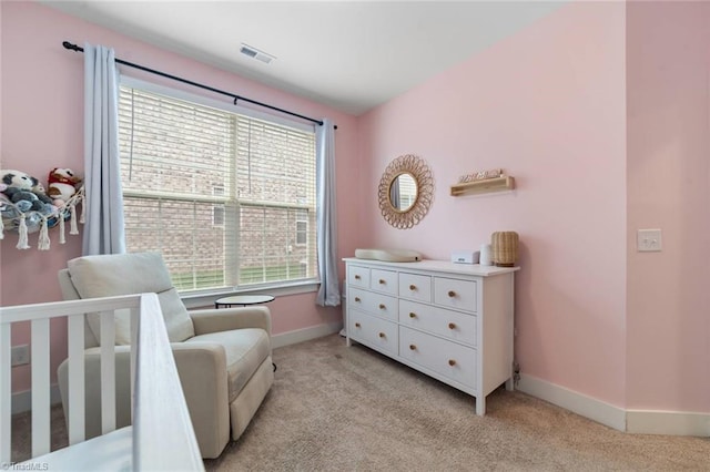 1423 Blooming Mountain Way, Kernersville, NC 27284 - bedroom with visible vents, baseboards, a nursery area, and light carpet