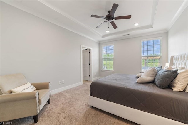 1423 Blooming Mountain Way, Kernersville, NC 27284 - carpeted bedroom featuring recessed lighting, baseboards, a tray ceiling, visible vents, and ornamental molding