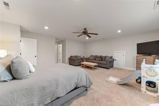 1423 Blooming Mountain Way, Kernersville, NC 27284 - bedroom featuring visible vents, recessed lighting, carpet floors, and ceiling fan