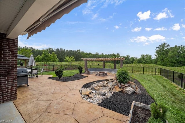 1423 Blooming Mountain Way, Kernersville, NC 27284 - view of patio featuring a pergola, a fire pit, outdoor dining area, and a fenced backyard