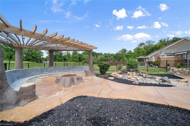 1423 Blooming Mountain Way, Kernersville, NC 27284 - view of patio with a fenced backyard, a fire pit, and a pergola