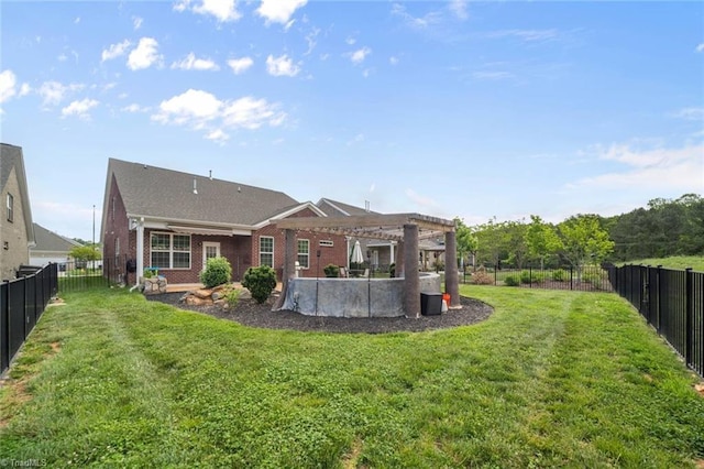 1423 Blooming Mountain Way, Kernersville, NC 27284 - back of house with a lawn, a fenced backyard, a pergola, and brick siding