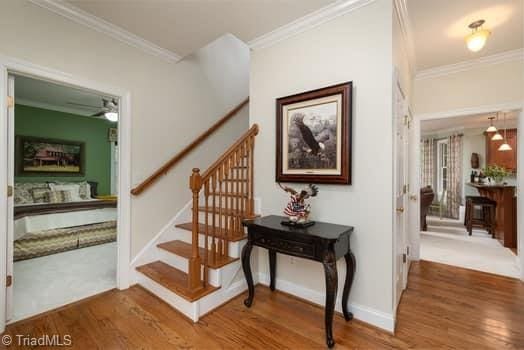 staircase with hardwood / wood-style flooring and crown molding