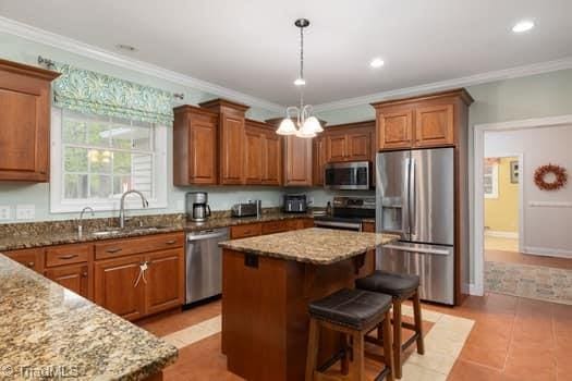 kitchen with stainless steel appliances, a kitchen island, sink, and ornamental molding