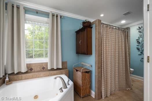 bathroom featuring ornamental molding, a healthy amount of sunlight, and plus walk in shower