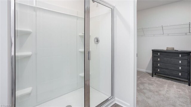 162 W Farm Loop, Stokesdale, NC 27537 - bathroom featuring a stall shower, baseboards, and a walk in closet