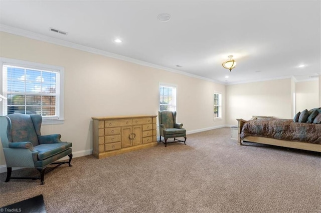 carpeted bedroom featuring crown molding