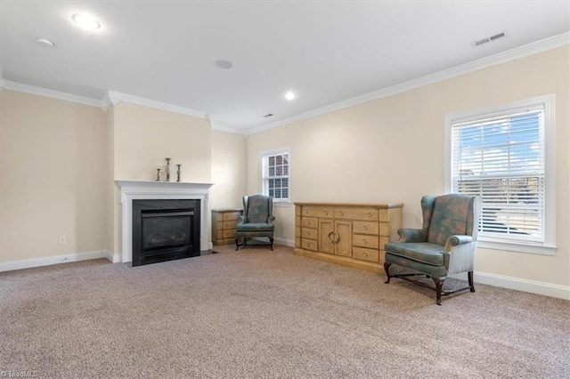 living area featuring carpet floors and ornamental molding