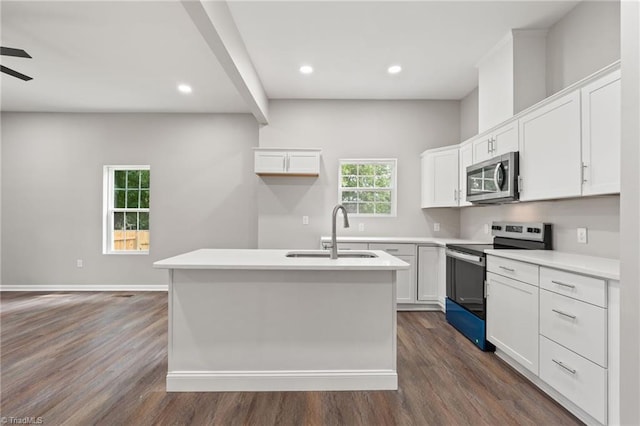 2500 Lomond St, Winston-Salem, NC 27127 - kitchen with appliances with stainless steel finishes, dark wood-style floors, recessed lighting, and white cabinetry