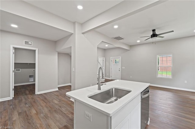 2500 Lomond St, Winston-Salem, NC 27127 - kitchen with open floor plan, light countertops, dishwasher, dark wood finished floors, and recessed lighting