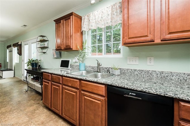 304 Walnut Crossing Dr, Whitsett, NC 27377 - kitchen with dishwasher, a sink, crown molding, plenty of natural light, and light stone counters