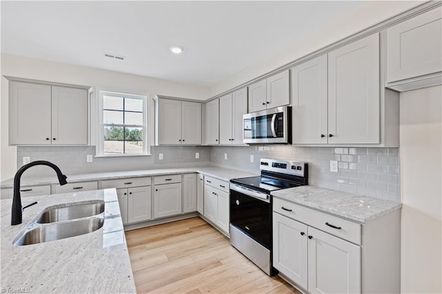 kitchen featuring visible vents, a sink, light stone counters, appliances with stainless steel finishes, and light wood finished floors