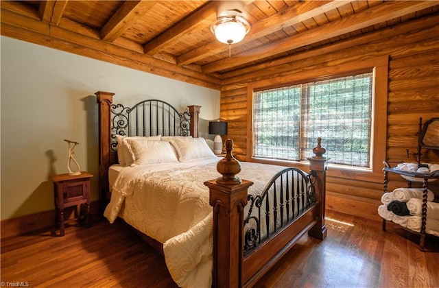 bedroom with log walls, beam ceiling, dark hardwood / wood-style flooring, and wooden ceiling