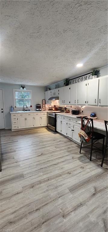 kitchen featuring a textured ceiling, light wood-style flooring, electric range, and a sink