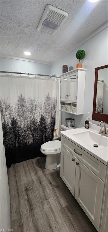 bathroom featuring wood finished floors, a textured ceiling, vanity, and visible vents