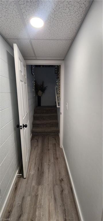 hall with concrete block wall, wood finished floors, stairs, and a paneled ceiling