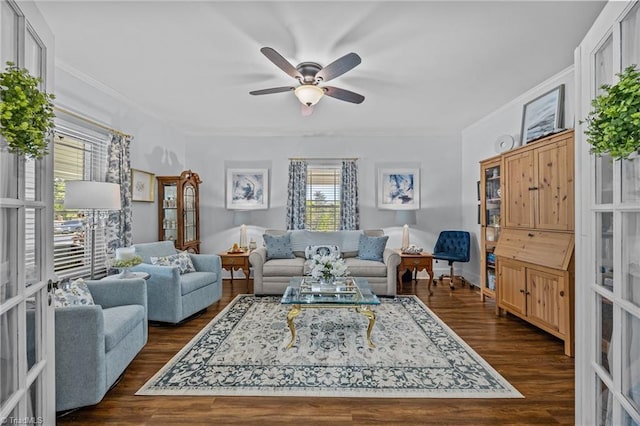 living room with crown molding, a ceiling fan, and dark wood-style floors