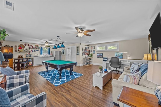 recreation room with visible vents, a ceiling fan, wood finished floors, baseboards, and billiards