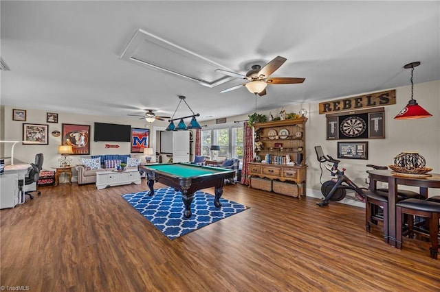 recreation room featuring a ceiling fan, pool table, wood finished floors, and attic access