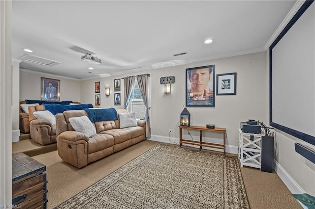 carpeted bedroom with attic access, recessed lighting, baseboards, visible vents, and ornamental molding