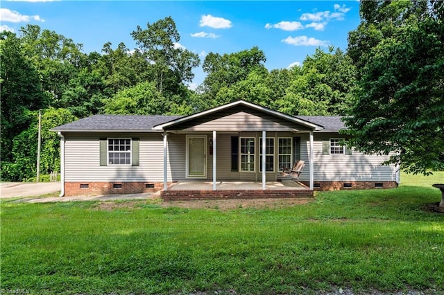 103 Forest Dr, King, NC 27021 - ranch-style house with crawl space, a shingled roof, a front yard, and covered porch