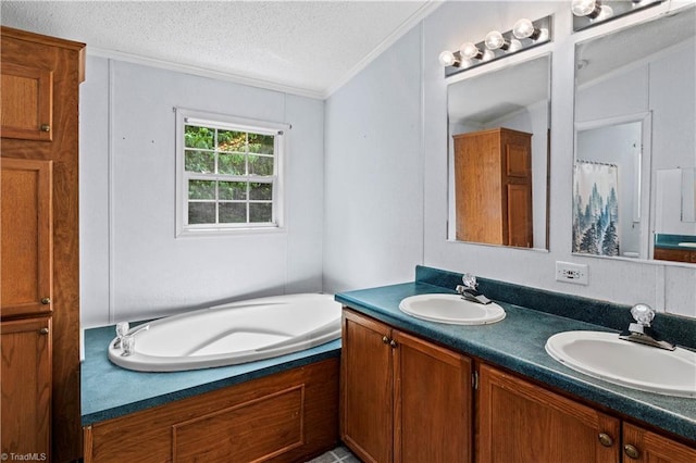 103 Forest Dr, King, NC 27021 - full bath with double vanity, a textured ceiling, ornamental molding, and a bathtub