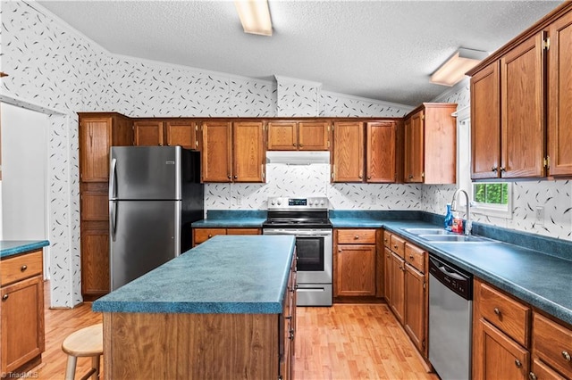 103 Forest Dr, King, NC 27021 - kitchen featuring vaulted ceiling, stainless steel appliances, under cabinet range hood, light wood-style floors, and a textured ceiling