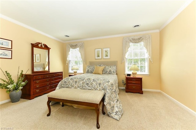 carpeted bedroom with crown molding, multiple windows, and visible vents