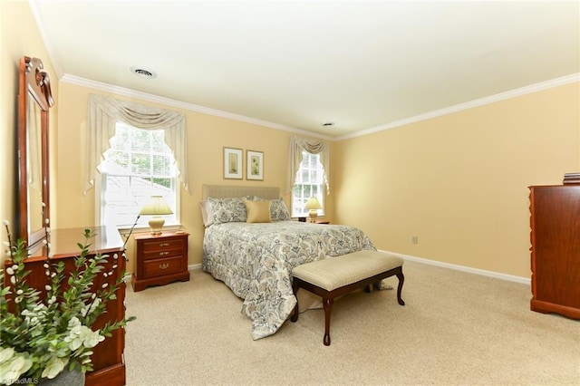 bedroom featuring light colored carpet, ornamental molding, visible vents, and multiple windows