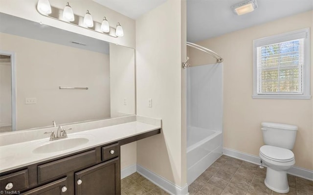 full bathroom with toilet, bathtub / shower combination, tile patterned floors, and vanity