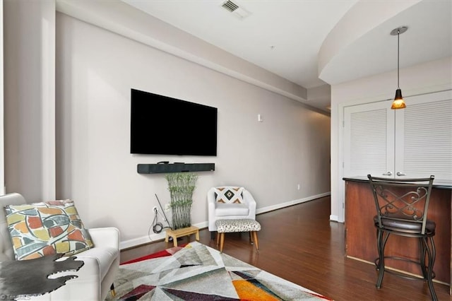 living room featuring dark wood-type flooring