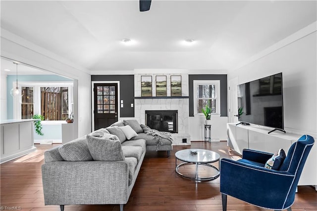 living room with plenty of natural light, a fireplace, and wood-type flooring