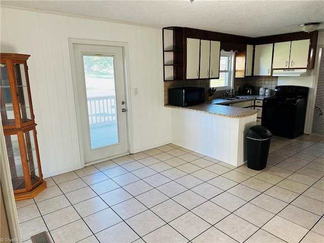 kitchen featuring tasteful backsplash, a sink, a peninsula, under cabinet range hood, and black appliances